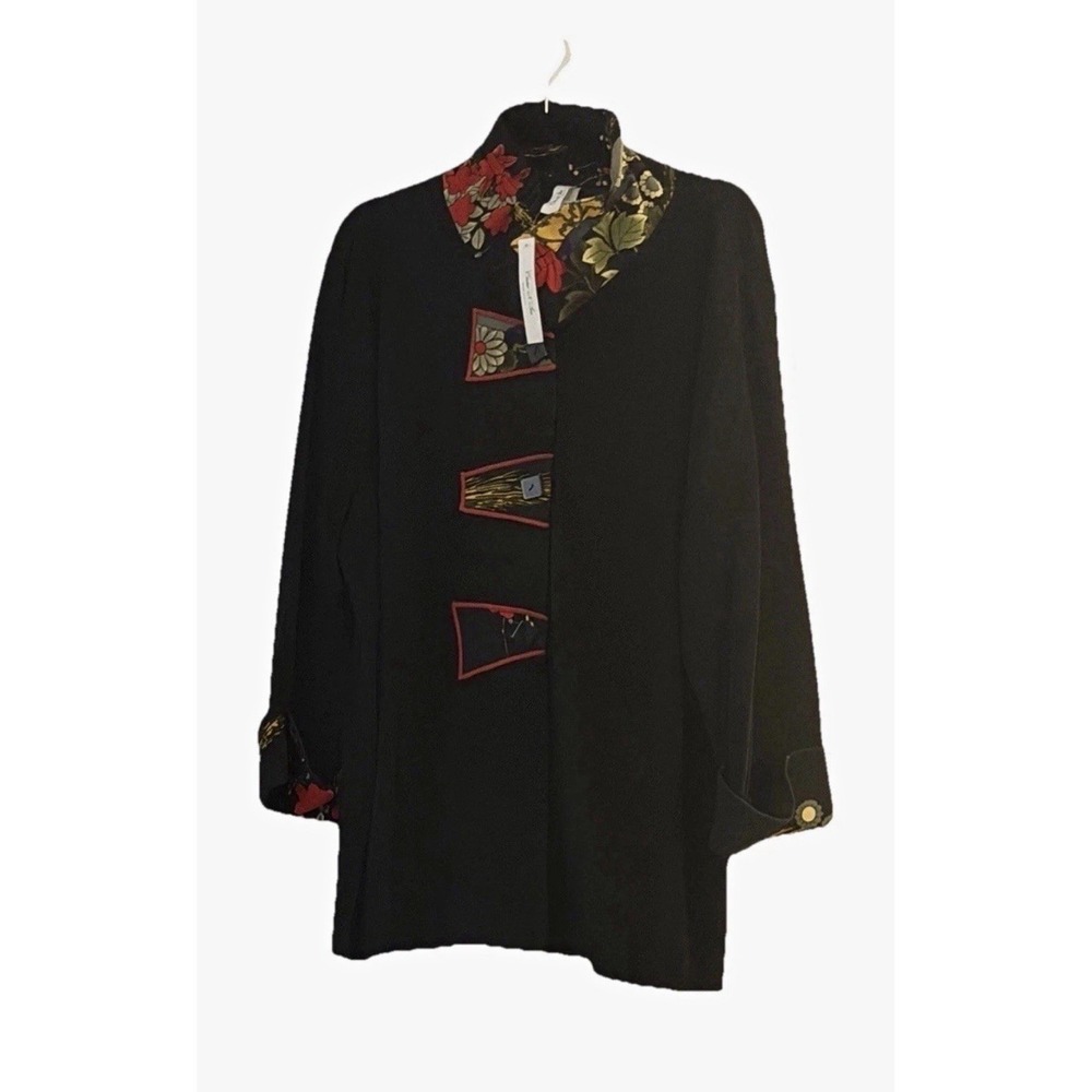Black Floral Mandarin Collared Button Front Pocket Relaxed Mid Jacket 2XL Asian